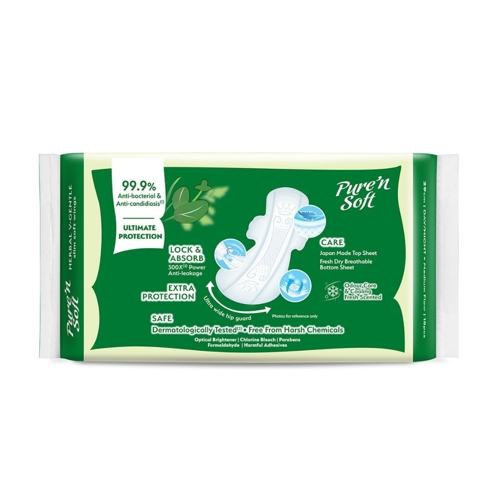 Herbal V-Gentle Slim Soft Wings Sanitary Pad 29cm (Odour Care, Cooling Fresh & Dermatologically Tested) 18s