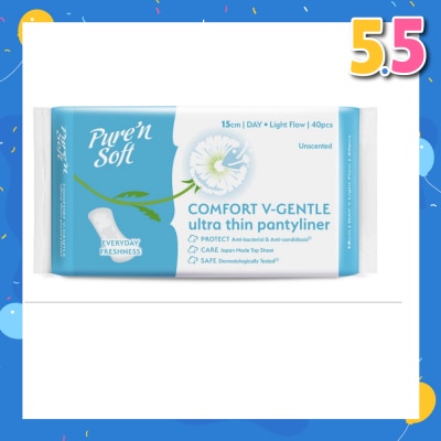 PURE N SOFT Comfort V-Gentle Ultra Thin Pantyliner Unscented 15cm (Anti-Bacterial, Anti-Candidiasis & Dermatologically Tested) 40s