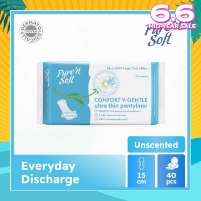 PURE N SOFT Comfort V-Gentle Ultra Thin Pantyliner Unscented 15cm (Anti-Bacterial, Anti-Candidiasis & Dermatologically Tested) 40s