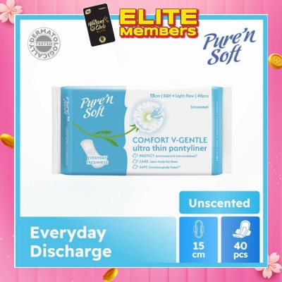 PURE N SOFT Comfort V-Gentle Ultra Thin Pantyliner Unscented 15cm (Anti-Bacterial, Anti-Candidiasis & Dermatologically Tested) 40s