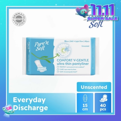 PURE N SOFT Comfort V-Gentle Ultra Thin Pantyliner Unscented 15cm (Anti-Bacterial, Anti-Candidiasis & Dermatologically Tested) 40s