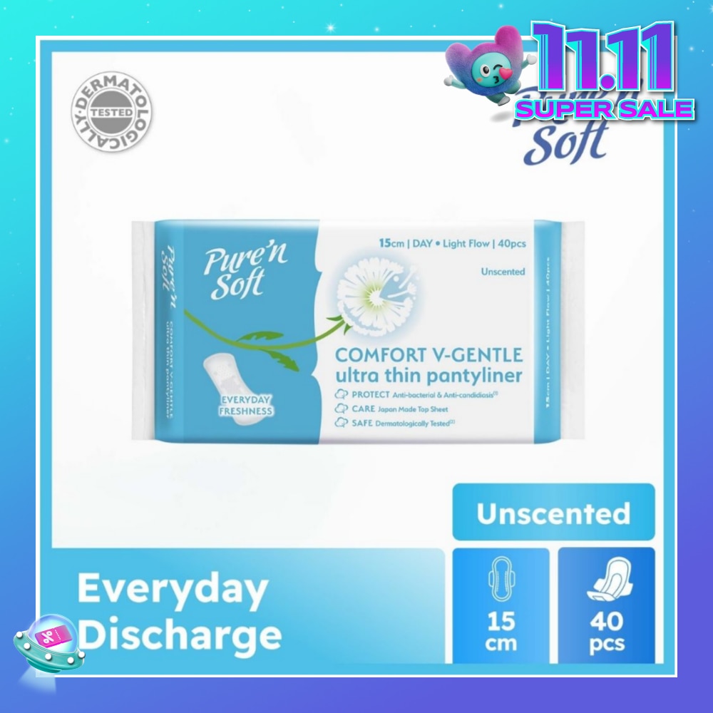 Comfort V-Gentle Ultra Thin Pantyliner Unscented 15cm (Anti-Bacterial, Anti-Candidiasis & Dermatologically Tested) 40s