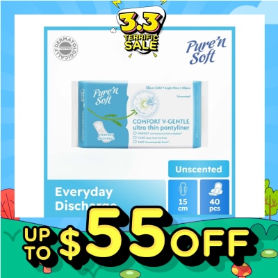 PURE N SOFT Comfort V-Gentle Ultra Thin Pantyliner Unscented 15cm (Anti-Bacterial, Anti-Candidiasis & Dermatologically Tested) 40s