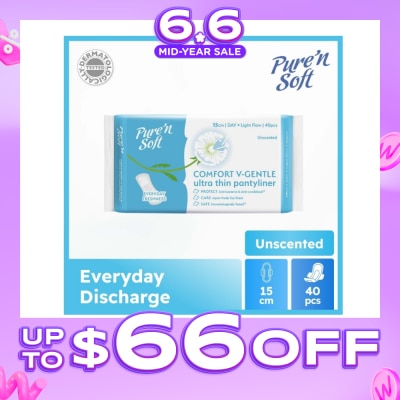 PURE N SOFT - Comfort V-Gentle Ultra Thin Pantyliner Unscented 15cm (Anti-Bacterial, Anti-Candidiasis & Dermatologically Tested) 40s