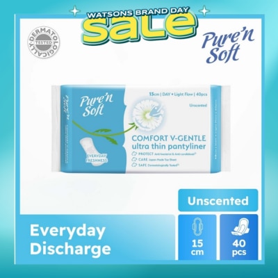 PURE N SOFT - Comfort V-Gentle Ultra Thin Pantyliner Unscented 15cm (Anti-Bacterial, Anti-Candidiasis & Dermatologically Tested) 40s