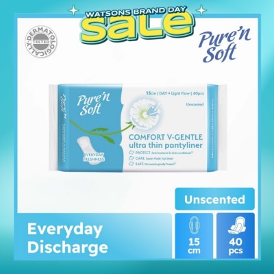 PURE N SOFT - Comfort V-Gentle Ultra Thin Pantyliner Unscented 15cm (Anti-Bacterial, Anti-Candidiasis & Dermatologically Tested) 40s