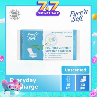 PURE N SOFT - Comfort V-Gentle Ultra Thin Pantyliner Unscented 15cm (Anti-Bacterial, Anti-Candidiasis & Dermatologically Tested) 40s