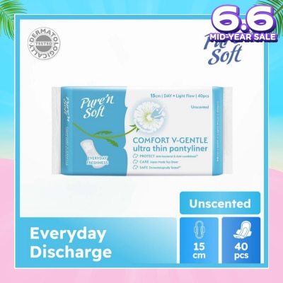 PURE N SOFT Comfort V-Gentle Ultra Thin Pantyliner Unscented 15cm (Anti-Bacterial, Anti-Candidiasis & Dermatologically Tested) 40s