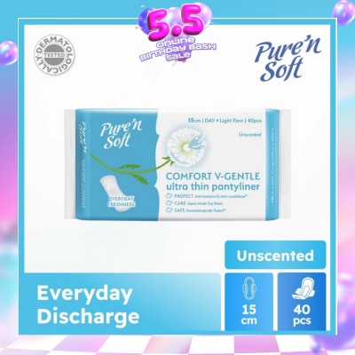 PURE N SOFT - Comfort V-Gentle Ultra Thin Pantyliner Unscented 15cm (Anti-Bacterial, Anti-Candidiasis & Dermatologically Tested) 40s