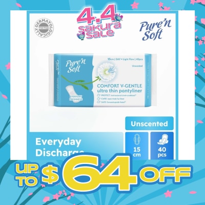 PURE N SOFT - Comfort V-Gentle Ultra Thin Pantyliner Unscented 15cm (Anti-Bacterial, Anti-Candidiasis & Dermatologically Tested) 40s