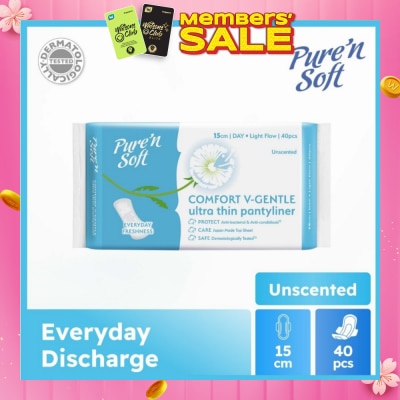 PURE N SOFT Comfort V-Gentle Ultra Thin Pantyliner Unscented 15cm (Anti-Bacterial, Anti-Candidiasis & Dermatologically Tested) 40s