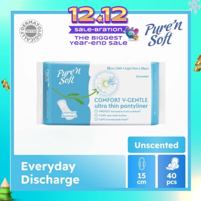 PURE N SOFT Comfort V-Gentle Ultra Thin Pantyliner Unscented 15cm (Anti-Bacterial, Anti-Candidiasis & Dermatologically Tested) 40s