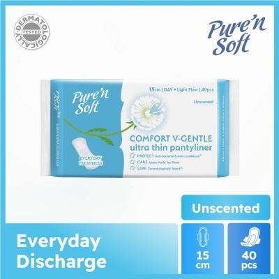 PURE N SOFT Comfort V-Gentle Ultra Thin Pantyliner Unscented 15cm (Anti-Bacterial, Anti-Candidiasis & Dermatologically Tested) 40s