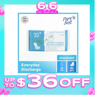 PURE N SOFT - Comfort V-Gentle Ultra Thin Pantyliner Unscented 15cm (Anti-Bacterial, Anti-Candidiasis & Dermatologically Tested) 40s