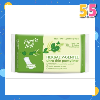 PURE N SOFT Herbal V-Gentle Ultra Thin Pantyliner 15cm (Odour Care, Cooling Fresh Scented & Dermatologically Tested) 40s