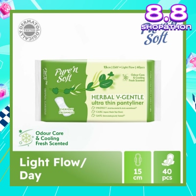 PURE N SOFT Herbal V-Gentle Ultra Thin Pantyliner 15cm (Odour Care, Cooling Fresh Scented & Dermatologically Tested) 40s
