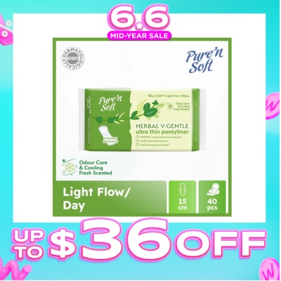 PURE N SOFT - Herbal V-Gentle Ultra Thin Pantyliner 15cm (Odour Care, Cooling Fresh Scented & Dermatologically Tested) 40s
