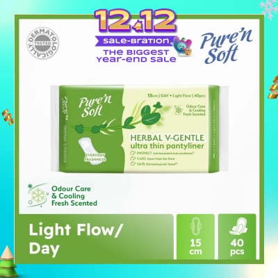 PURE N SOFT Herbal V-Gentle Ultra Thin Pantyliner 15cm (Odour Care, Cooling Fresh Scented & Dermatologically Tested) 40s