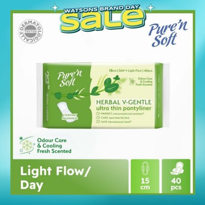 PURE N SOFT - Herbal V-Gentle Ultra Thin Pantyliner 15cm (Odour Care, Cooling Fresh Scented & Dermatologically Tested) 40s