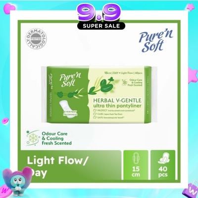 PURE N SOFT - Herbal V-Gentle Ultra Thin Pantyliner 15cm (Odour Care, Cooling Fresh Scented & Dermatologically Tested) 40s image