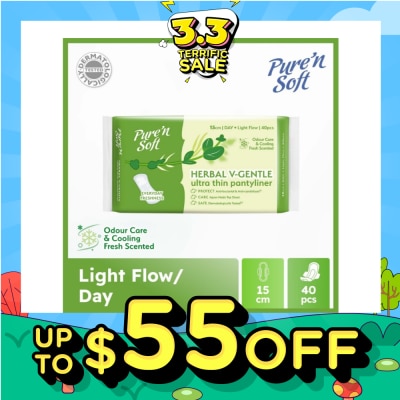 PURE N SOFT Herbal V-Gentle Ultra Thin Pantyliner 15cm (Odour Care, Cooling Fresh Scented & Dermatologically Tested) 40s