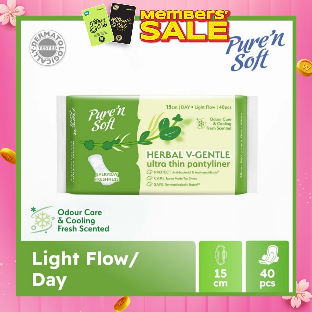 Herbal V-Gentle Ultra Thin Pantyliner 15cm (Odour Care, Cooling Fresh Scented & Dermatologically Tested) 40s