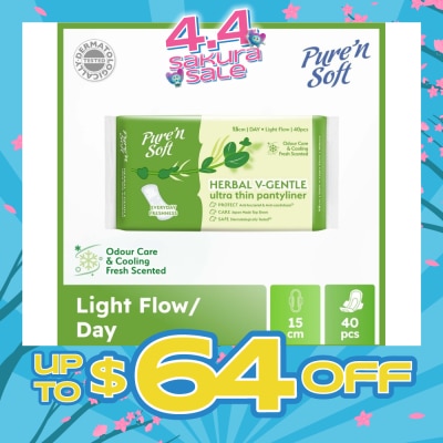 PURE N SOFT - Herbal V-Gentle Ultra Thin Pantyliner 15cm (Odour Care, Cooling Fresh Scented & Dermatologically Tested) 40s