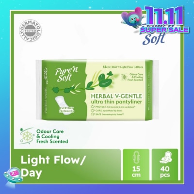 PURE N SOFT Herbal V-Gentle Ultra Thin Pantyliner 15cm (Odour Care, Cooling Fresh Scented & Dermatologically Tested) 40s