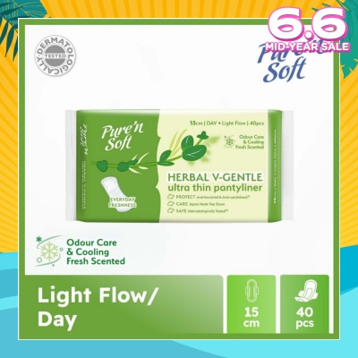 PURE N SOFT Herbal V-Gentle Ultra Thin Pantyliner 15cm (Odour Care, Cooling Fresh Scented & Dermatologically Tested) 40s
