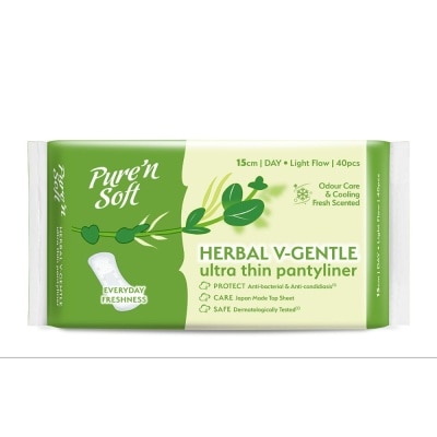 PURE N SOFT Herbal V-Gentle Ultra Thin Pantyliner 15cm (Odour Care, Cooling Fresh Scented & Dermatologically Tested) 40s