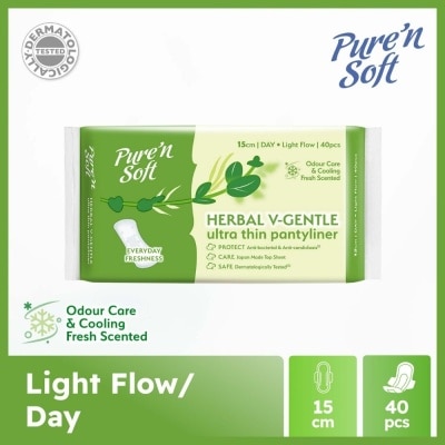 PURE N SOFT Herbal V-Gentle Ultra Thin Pantyliner 15cm (Odour Care, Cooling Fresh Scented & Dermatologically Tested) 40s