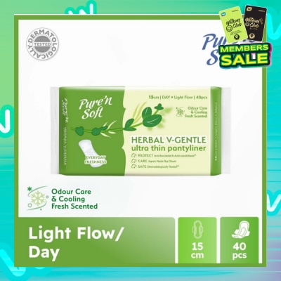 PURE N SOFT Herbal V-Gentle Ultra Thin Pantyliner 15cm (Odour Care, Cooling Fresh Scented & Dermatologically Tested) 40s