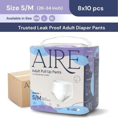 AIRE Adult Pull Up Pants S/M (Super Cottony Soft, Extra Absorbent, Leak Free & Rash Free) 8 x 10s (Per Carton)