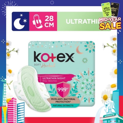 KOTEX Anti-Bacterial Soft Herbal Ultrathin Night Sanitary Pad Wing 28cm (For Heavy Flow) 14s