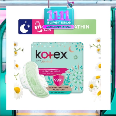 KOTEX Anti Bacterial Soft Herbal Ultrathin Night Sanitary Pad Wing 28cm (For Heavy Flow) 14s image