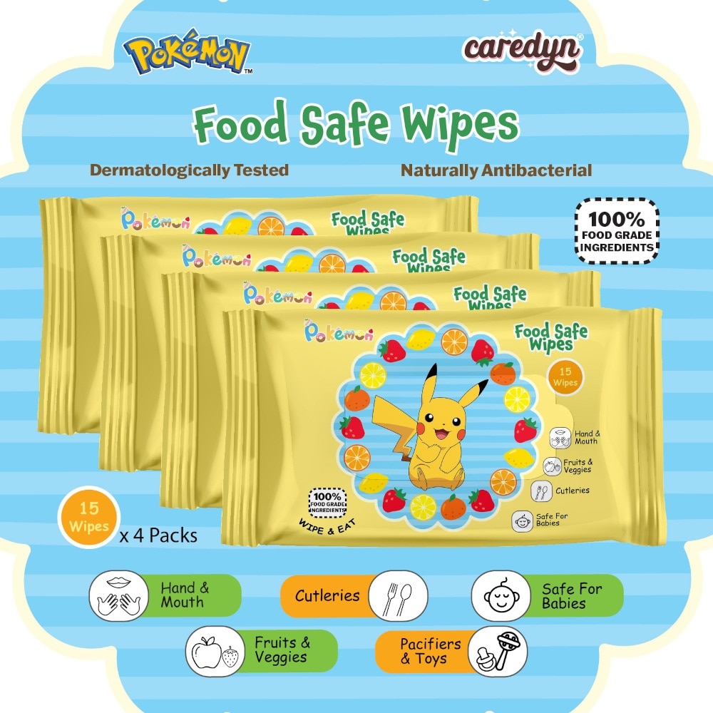 Pokemon Food Safe Wipes Packset (100% Food Grade Ingredients) 15s x 4 Packs