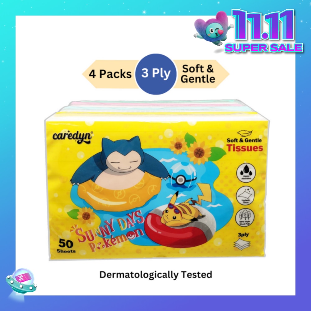 Pokemon 3 Ply Facial Tissue Travel Soft Pack (With 4 Designs) 50s x 4