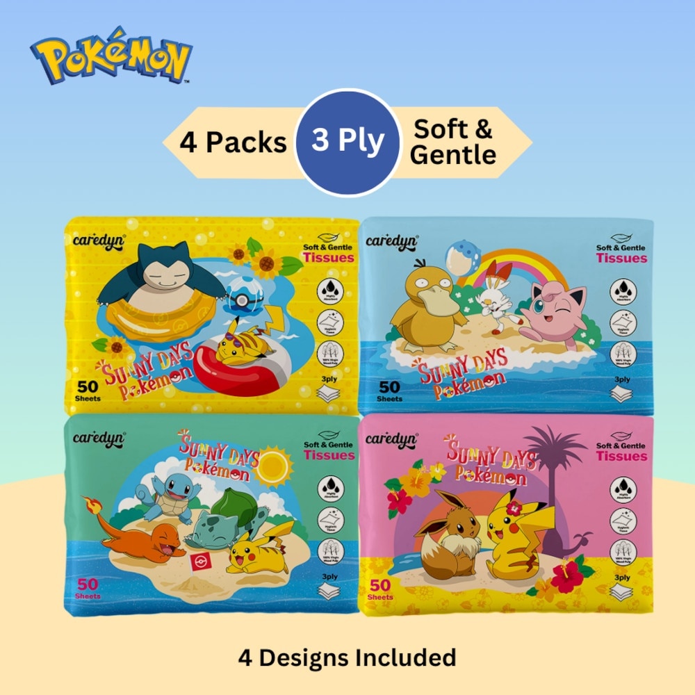 Pokemon 3 Ply Facial Tissue Travel Soft Pack (With 4 Designs) 50s x 4