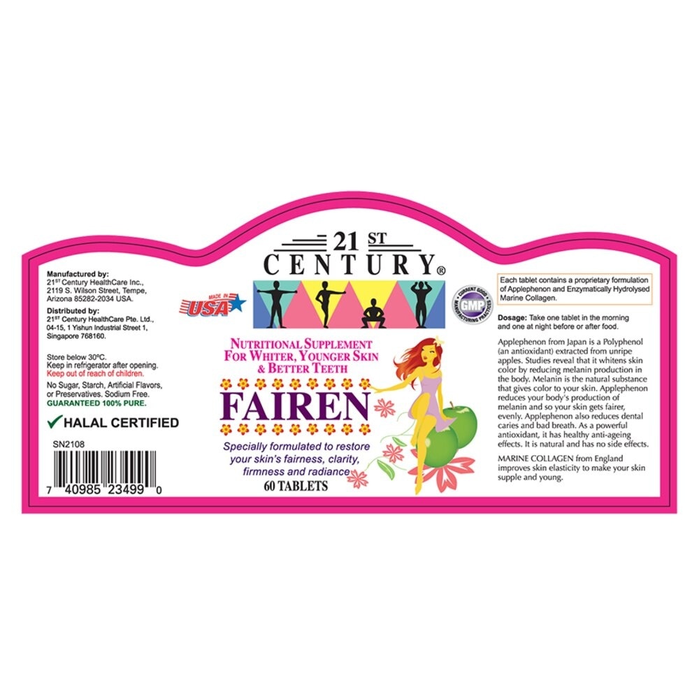 21st CENTURY Fairen Nutritional Supplement For Men & Women Tablets (For Fairer Skin &  Better Teeth) 60s