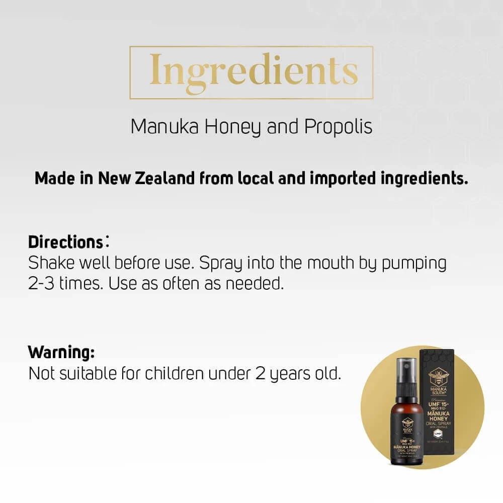 UMF 15+ MGO 512 Manuka Honey Spray With Propolis (For Cough, Flu, Sore Throat, Ulcer, Gum, Bad Breath & Immunity Support) 30ml