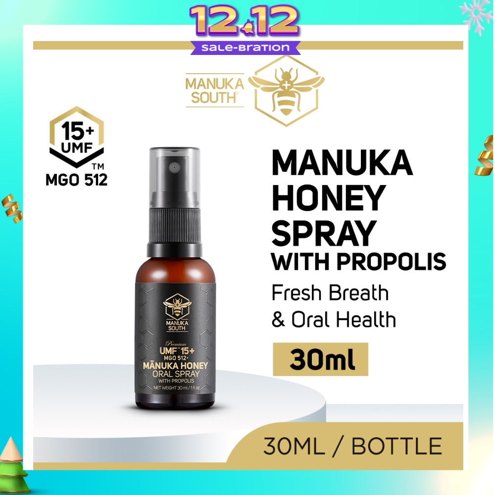 UMF 15+ MGO 512 Manuka Honey Spray With Propolis (For Cough, Flu, Sore Throat, Ulcer, Gum, Bad Breath & Immunity Support) 30ml
