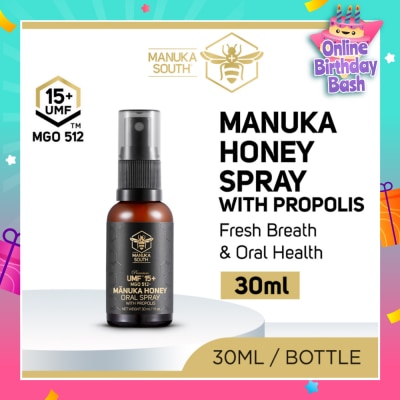 MANUKA SOUTH UMF 15+ MGO 512 Manuka Honey Spray With Propolis (For Cough, Flu, Sore Throat, Ulcer, Gum, Bad Breath & Immunity Support) 30ml