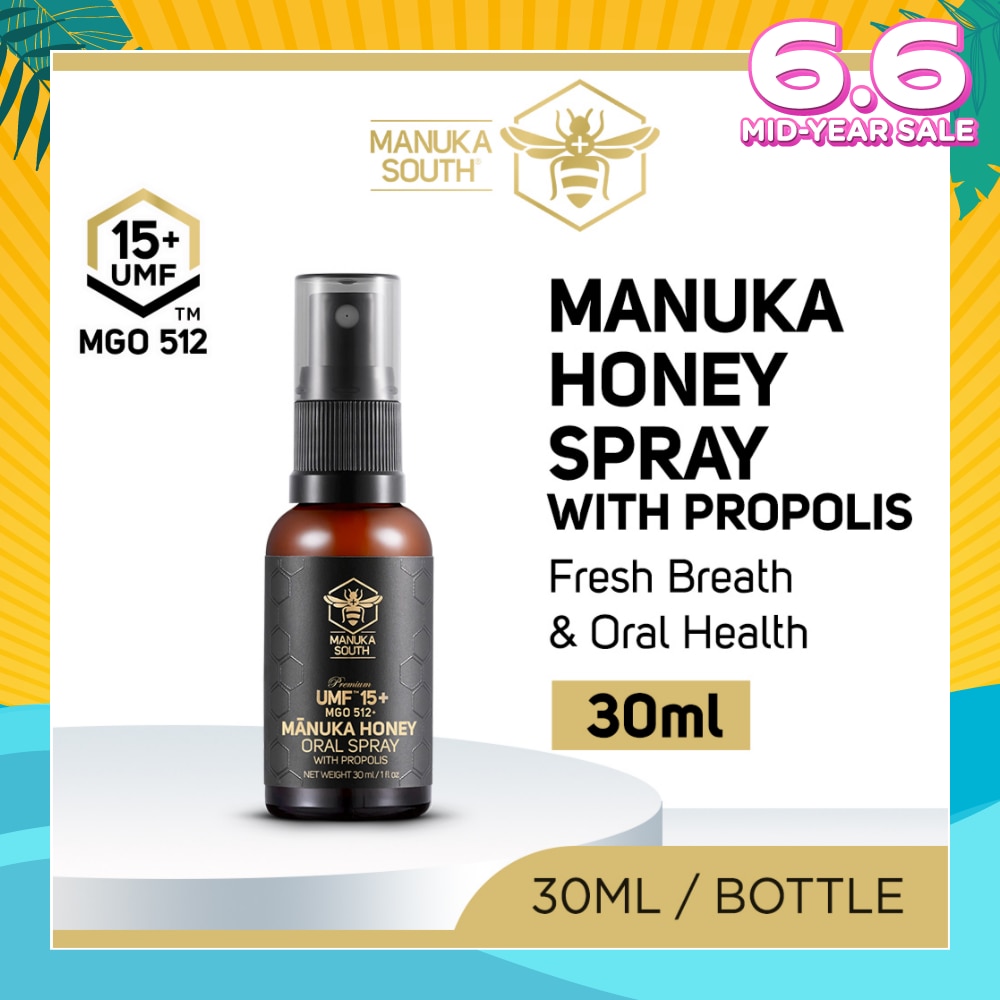 UMF 15+ MGO 512 Manuka Honey Spray With Propolis (For Cough, Flu, Sore Throat, Ulcer, Gum, Bad Breath & Immunity Support) 30ml