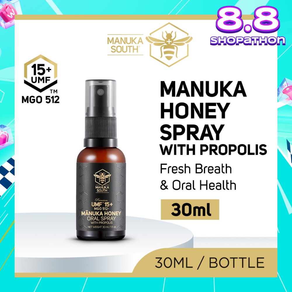 UMF 15+ MGO 512 Manuka Honey Spray With Propolis (For Cough, Flu, Sore Throat, Ulcer, Gum, Bad Breath & Immunity Support) 30ml