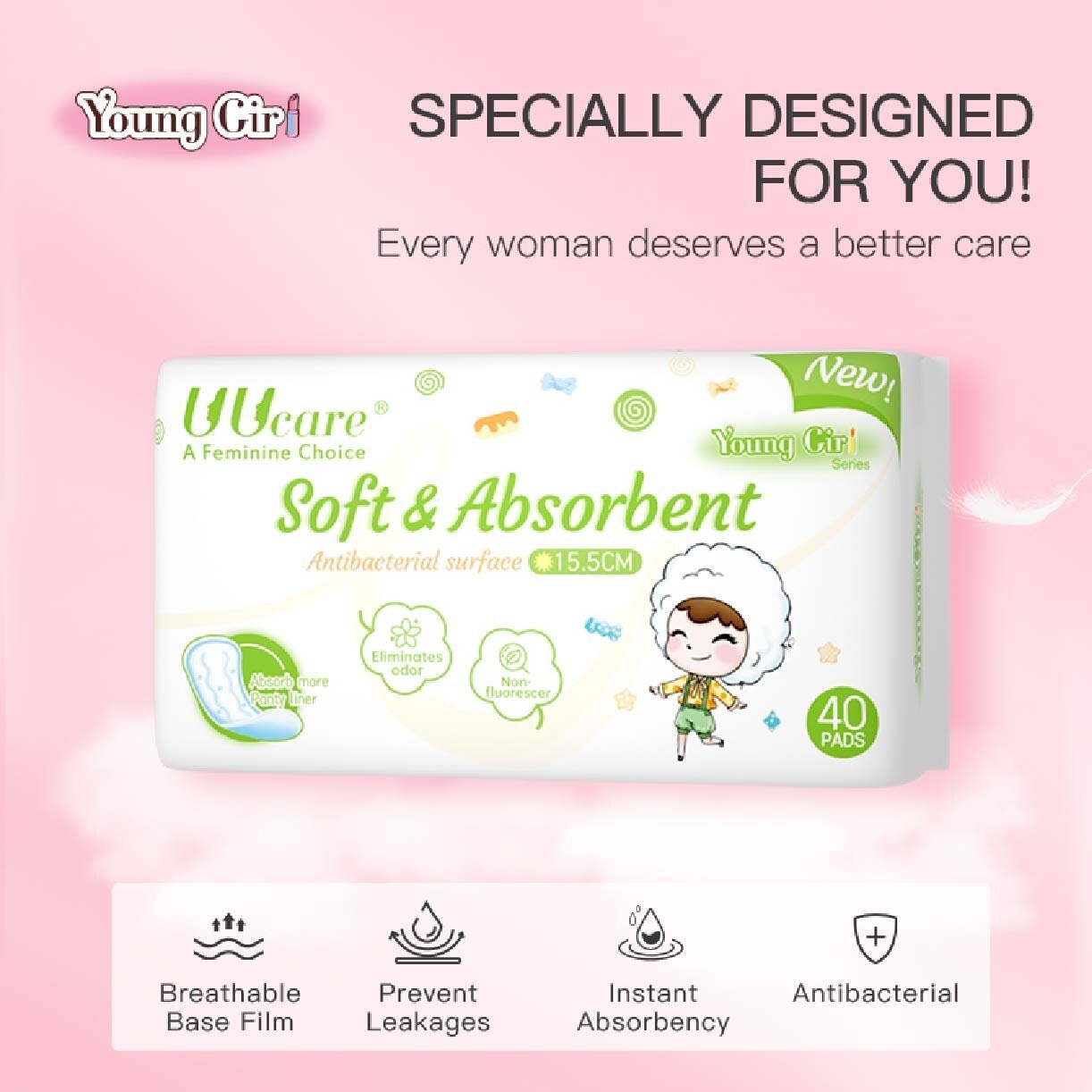 Young Girl Antibacterial Pantyliner Non-Flourescent Eliminates Odour 155mm 40s