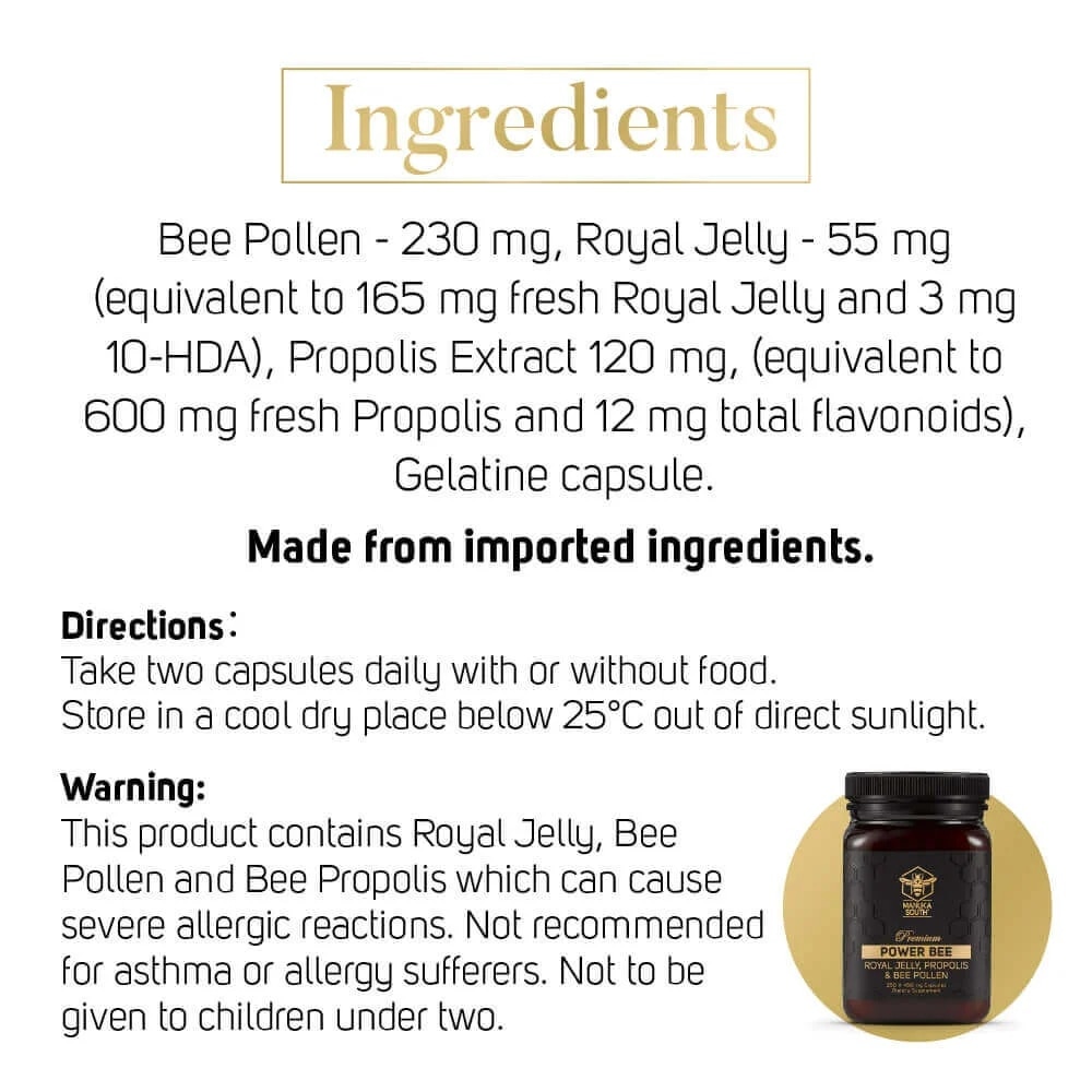 Power Bee With Royal Jelly, Propolis & Bee Pollen Dietary Supplement Capsule (For Immunity, Energy & Skin) 250s