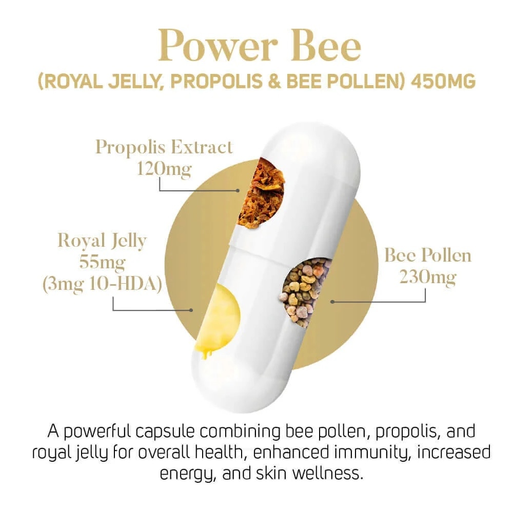 Power Bee With Royal Jelly, Propolis & Bee Pollen Dietary Supplement Capsule (For Immunity, Energy & Skin) 250s