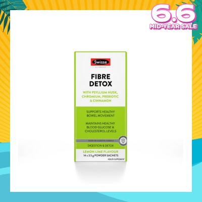 SWISSE Fibre Detox With Psyllium Husk, Chromium, Prebiotic & Cinnamon Powder Sachet Lemon Lime (To Support Healthy Bowel Movement & Maintains Healthy Blood