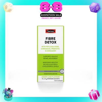 SWISSE - Fibre Detox With Psyllium Husk, Chromium, Prebiotic & Cinnamon Powder Sachet Lemon Lime (To Support Healthy Bowel Movement & Maintains Healthy Blood