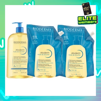 BIODERMA Atoderm Huile De Douche Anti-Irritation Face & Body Cleansing Shower Oil Pack Set (For Very Dry To Eczema-Prone Skin) 1L + Eco Refill Pack 1L x 2s